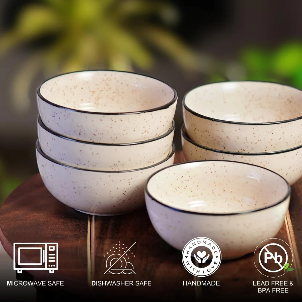 HOUSELA Hand-Painted White Ceramic Black Dotted Speckled Bowl Set of 6 (200ml) | Small Serving Soup Bowls, Cereal Bowl, Pasta Bowls | Dishwasher & Microwave Safe - Off White