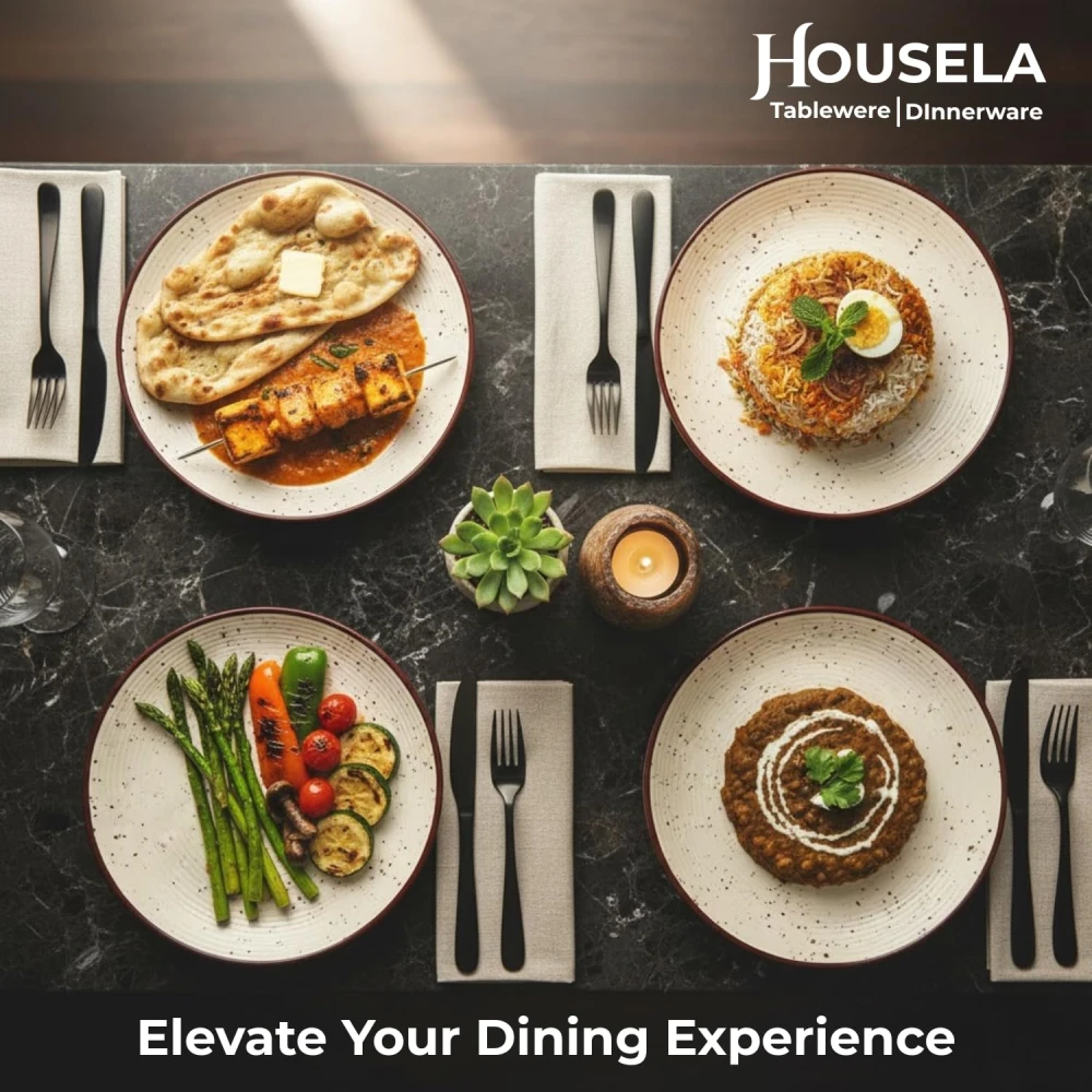 HOUSELA Stoneware Ceramic Dinner Plates Set of 4 (10.3 Inch) | Off White Ribbed Design Plates | Microwave & Dishwasher Safe | Tableware Set for Dining Table