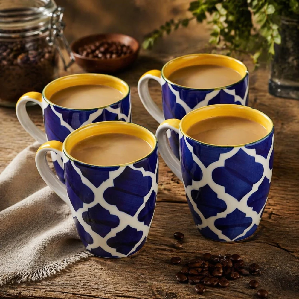 Rdurart Creation Chevron Waves Set of 4 Handcrafted Ceramic Coffee Mug, Set of 4 (300 ML, Microwave Safe & Dishwasher)
