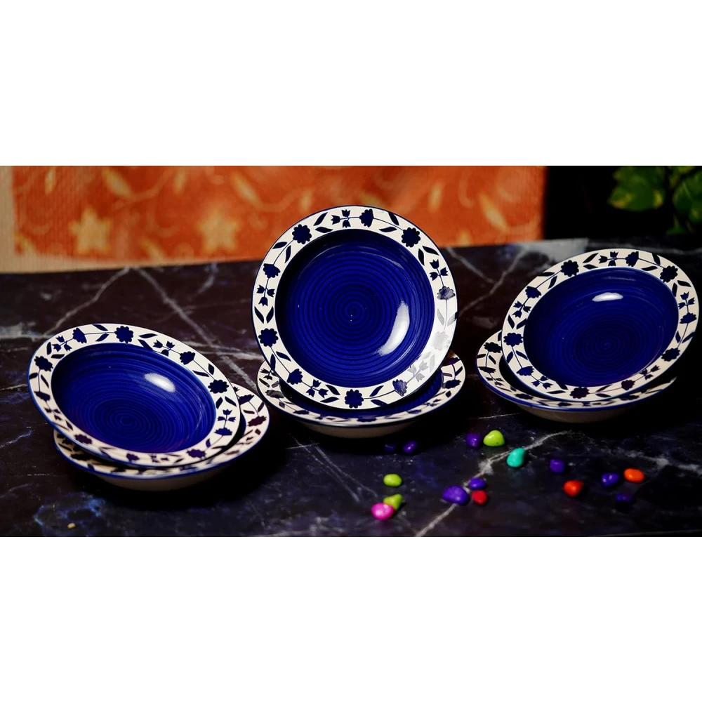 HOUSELA Round Printed Dinner Plate Lightweight & Durable, Made of Ceramic, Microwave & Dishwasher Safe, Elegant Crockery for Dining & Gifting Blue and beige plate set