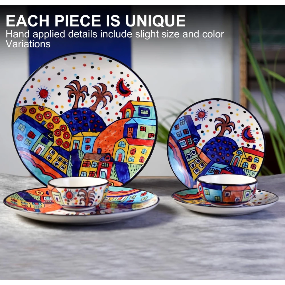 Hut Dining Hand-Painted Stoneware Dinner Set Ceramic Set of 6 Pieces | 2 Stoneware Dinner Plates, 2 Side Plates & 2 Serving Bowls | Microwave & Dishwasher Safe - Multicolor