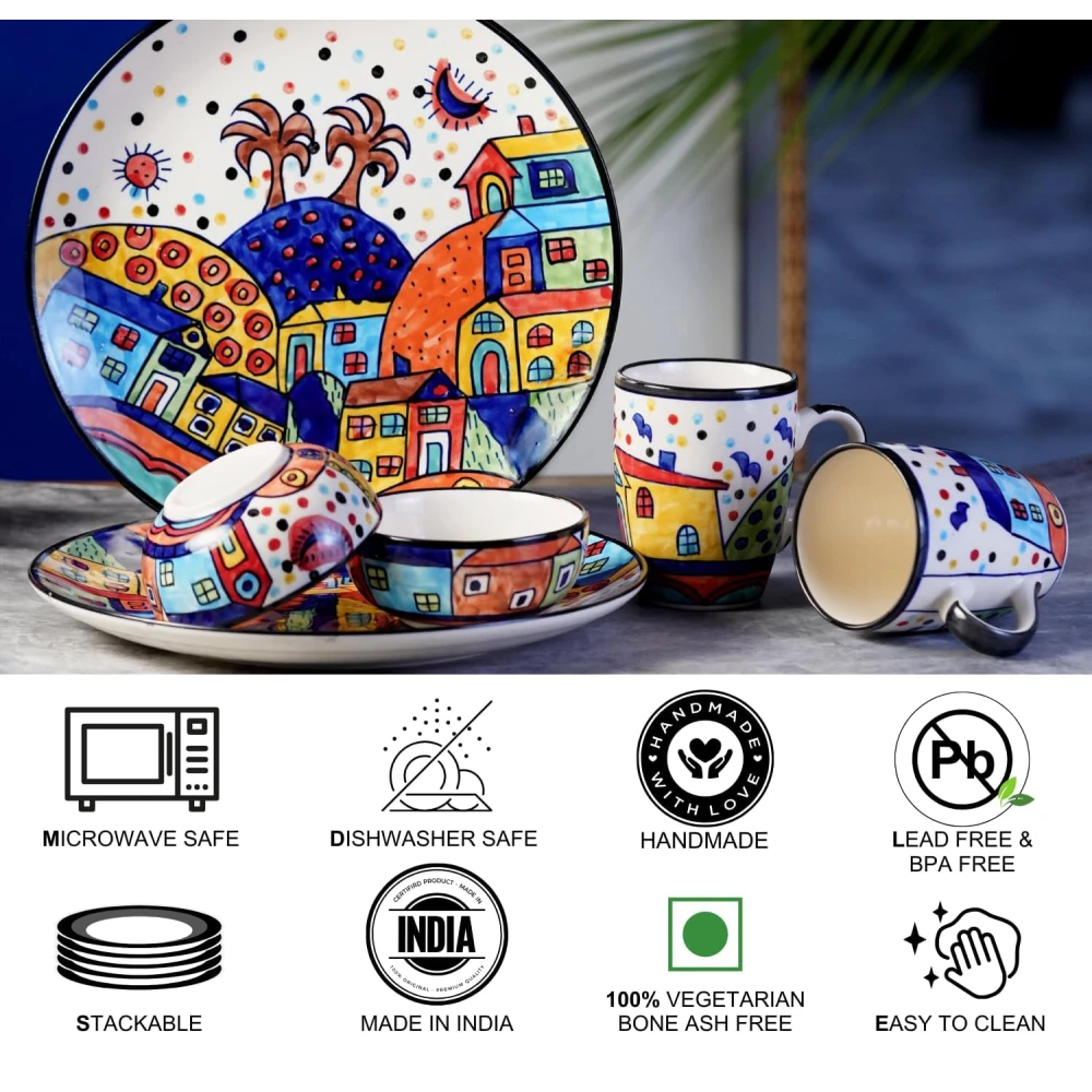 HOUSELA Hut Family Hand-Painted Ceramic Plates Thali 2 Dinner Plates in 10 Inch with 2 Katoris & 2 Coffee Mug (6 Pieces, Dishwasher & Microwave Safe)