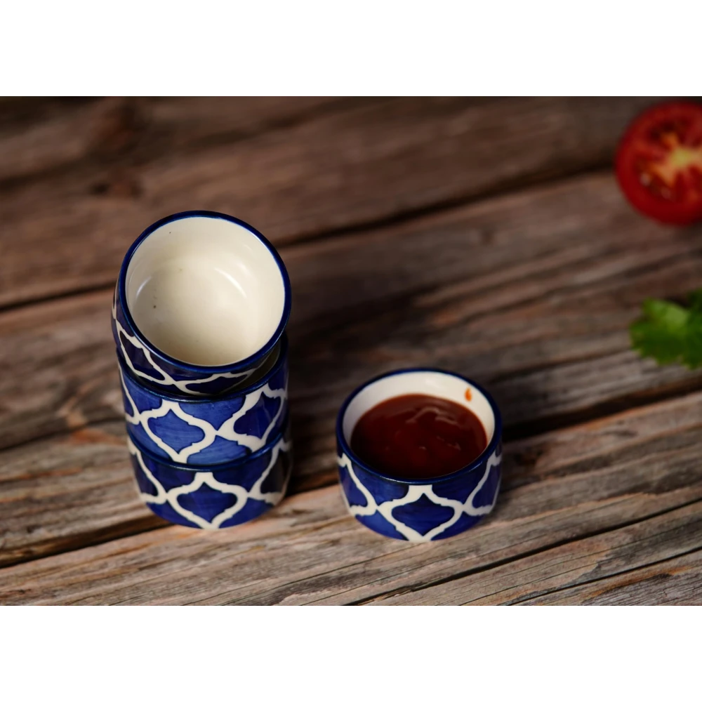 HOUSELA Handpainted Moroccan/Umrao Pattern Ceramic Dip Bowl/Chutney Bowl/Pickle Bowl/Sauce Bowl/Small Katori Set in Round Shape (40 ML, Small, Set of 4 (Blue & White)