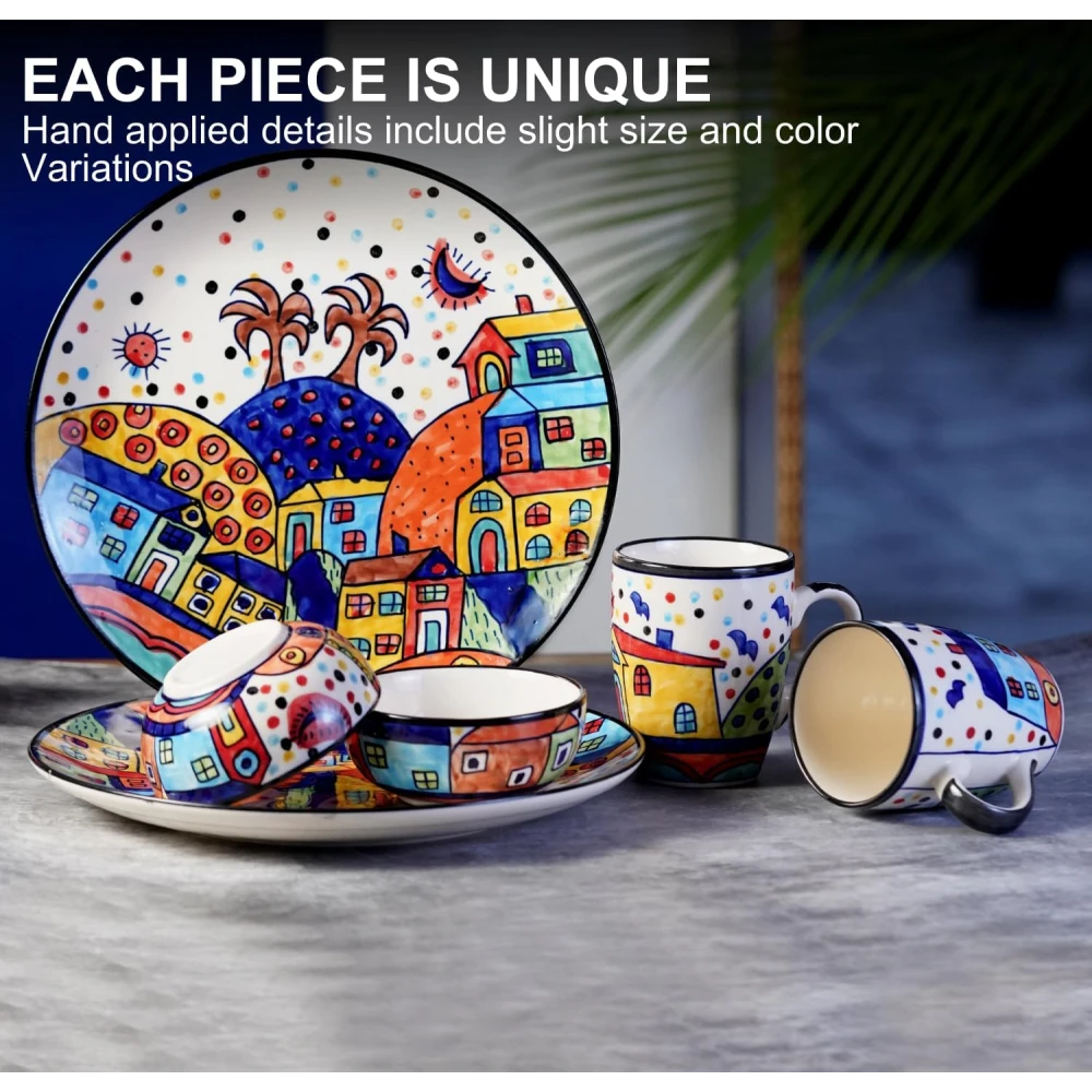 HOUSELA Hut Family Hand-Painted Ceramic Plates Thali 2 Dinner Plates in 10 Inch with 2 Katoris & 2 Coffee Mug (6 Pieces, Dishwasher & Microwave Safe)