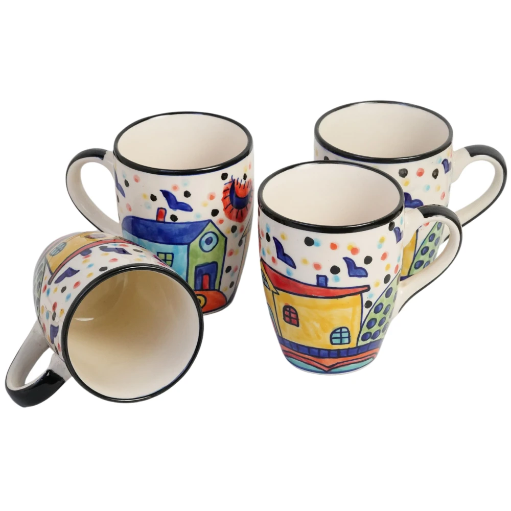 HOUSELA Hut Hand-Painted Serving Tea Cups Set Milk Mugs & Ceramic Coffee Mugs Set of 4 (270 ML, Microwave & Dishwasher Safe)