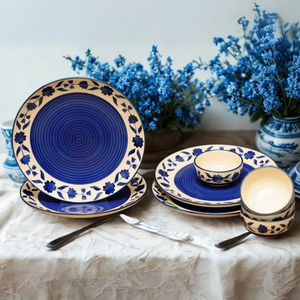 Blue Floral Ceramic Dinner Set – Set of 4 Dinner Plates & 4 Bowls | Premium Stoneware Tableware | Microwave & Dishwasher Safe | Elegant Dining Set for Home & Gifting