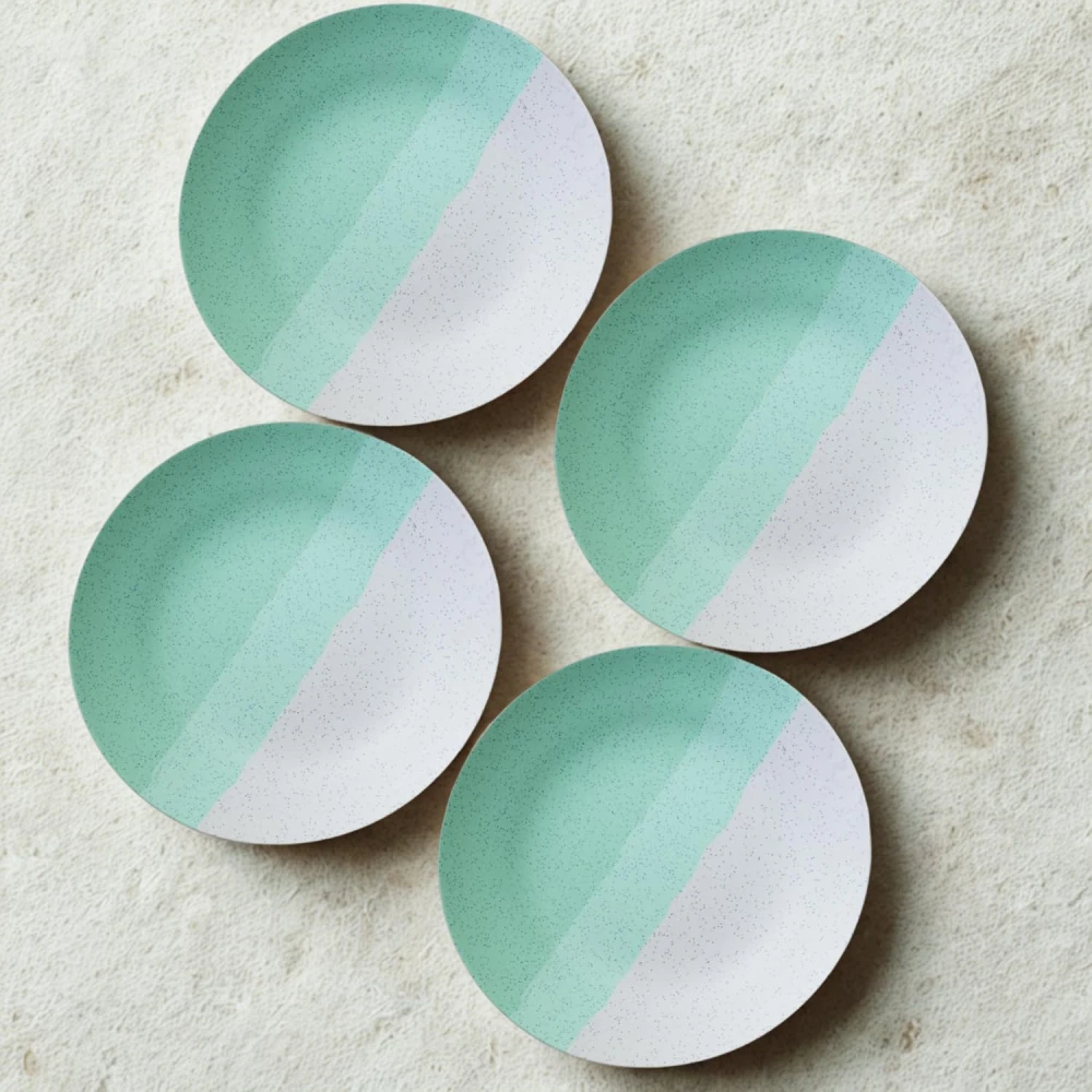 HOUSELA Set of 4 Modern Ceramic Dinner Plates – 10.6'' Speckled Stoneware Plates with Half Mint Green & White Design/Microwave & Dishwasher Safe