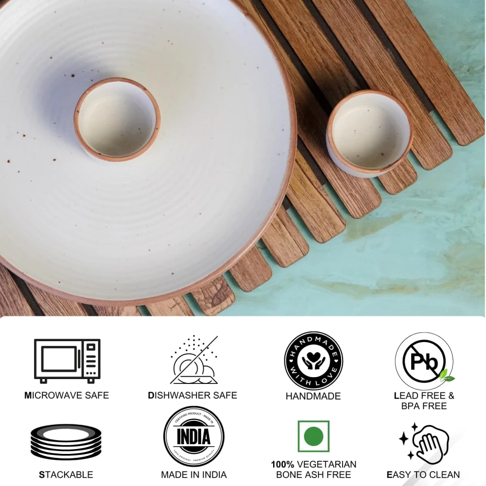 Housela Hand-Painted Ceramic Dinner Set of 12 | 4 Stoneware Dinner Plates 10 Inch, 4 Serving Bowls 180 ml & 4 Dip Bowls 2.4 Inch | Handmade Off-White Tableware | Microwave & Dishwasher Safe