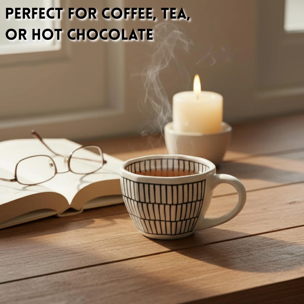 Rudrart Creations Chevron Waves Handcrafted Ceramic Coffee Mug Set of 2 (300 ML Each) | Premium Stoneware Tea Cups | Microwave & Dishwasher Safe | Modern Hand-Painted Black & White Designer Cups