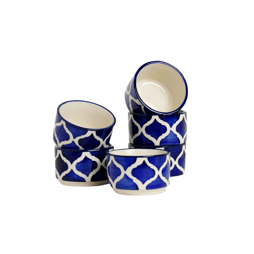 Rudrart Creations Handpainted Moroccan/Umrao Pattern Ceramic Dip Bowl/Chutney Bowl/Pickle Bowl/Sauce Bowl/Small Katori Set in Round Shape (40 ML, Small, Set of 6 (Blue& White)