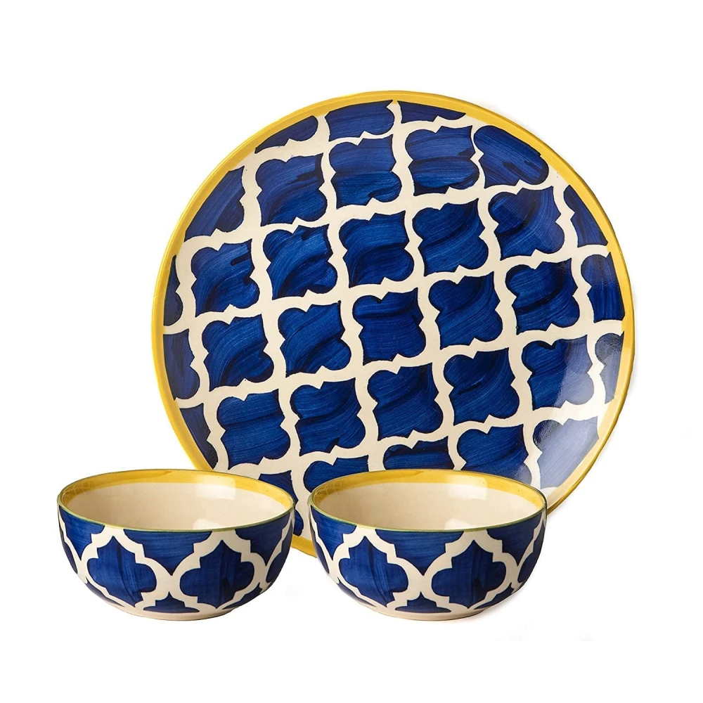 Umrao Blue Ceramic Dinner Set – 1 Serving Plate & 2 Bowls Combo | Handcrafted Royal Pattern with Yellow Rim | Microwave & Dishwasher Safe | Premium Stoneware Dining Set