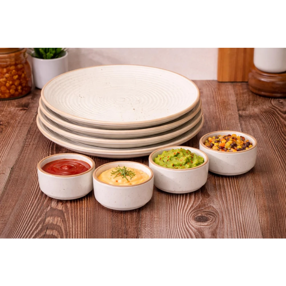 HOUSELA Handcrafted Ceramic Dinner Plates with Dip Bowl | Set of 8 Premium Stoneware Tableware | 4 Large 10 Inch Dinner Plates + 4 Chutney Dip Bowls | Off-White Handmade Serving Plates
