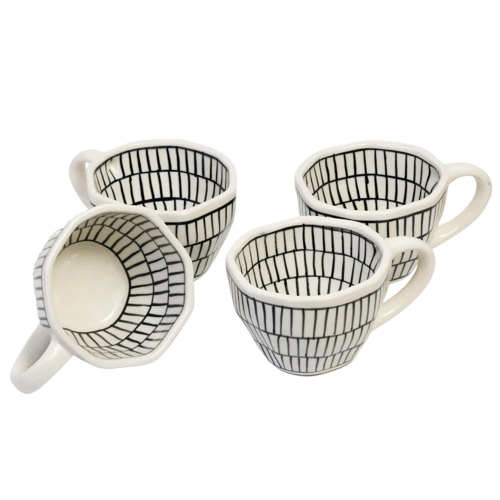 HOUSELA Lineing Hand - Painted Serving Tea Cups Set Milk Mugs & Ceramic Coffee Mugs Set of 4 (300 ML, Microwave & Dishwasher Safe)
