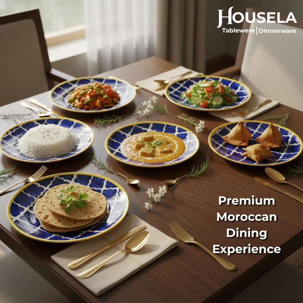 Hand-Painted Stoneware Moroccan Premium Ceramic 10-inch Big Plate Set of 6 Pcs | Bone Ash Free | Microwave and Dishwasher Safe - Blue