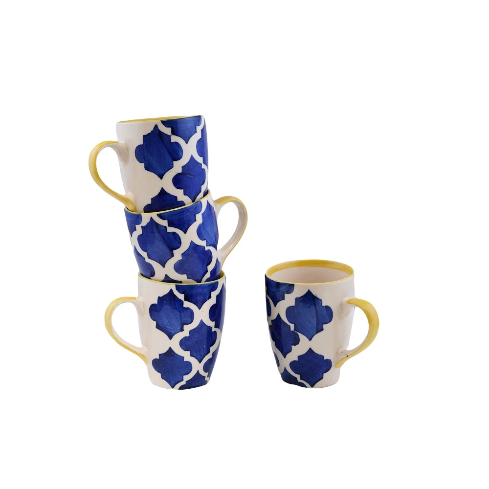 HOUSELA Umrao Hand-Painted Serving Tea Cups Set Milk Mugs & Ceramic Coffee Mugs Set of 4 (270 ML, Microwave & Dishwasher Safe)