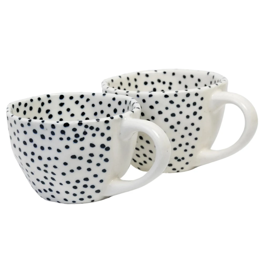HOUSELA Small Dotted Hand-Painted Serving Tea Cups Set Milk Mugs & Ceramic Coffee Mugs Set of 2 (300 ML, Microwave & Dishwasher Safe)