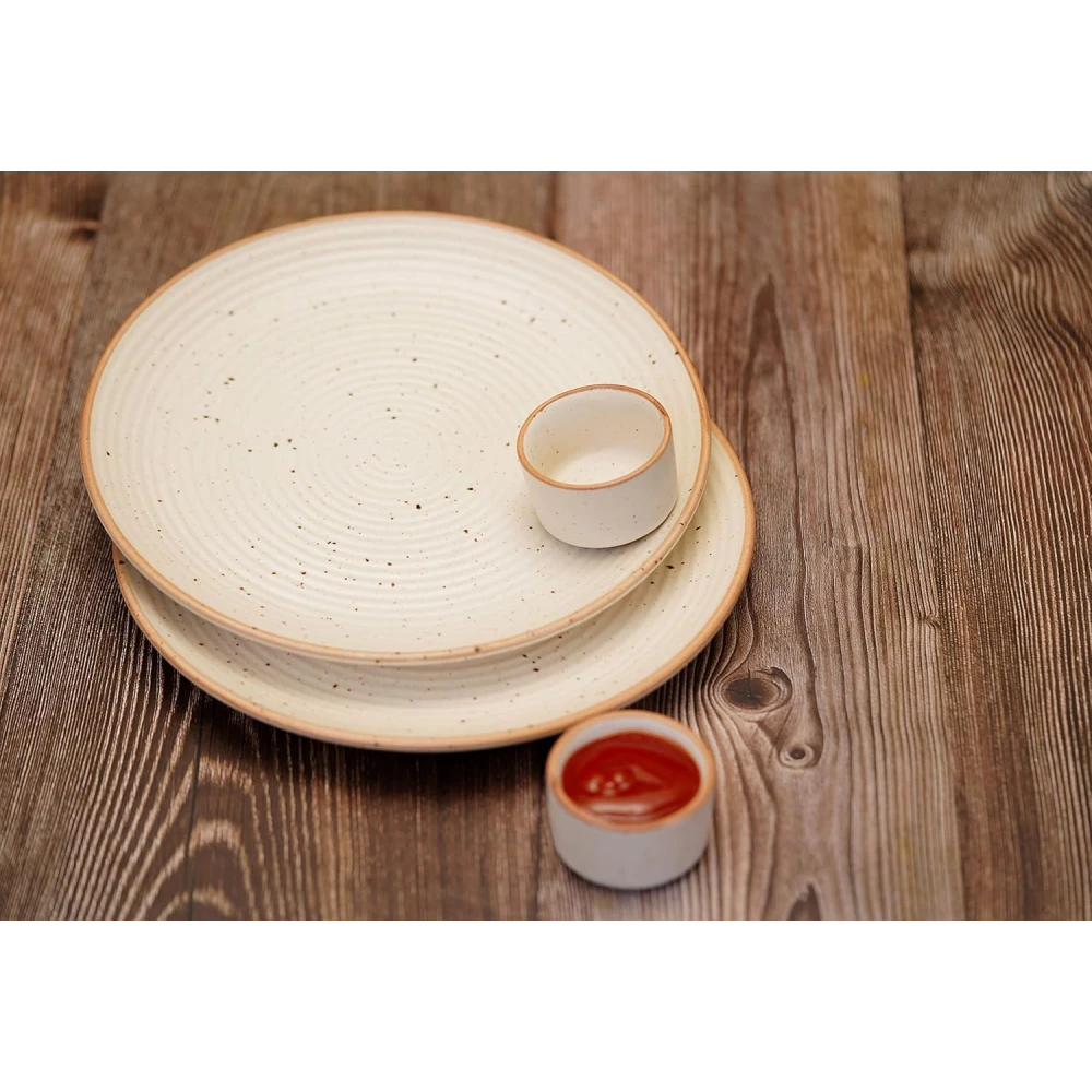 HOUSELA Handcrafted Ceramic Dinner Plates with Dip Bowl | Set of 8 Premium Stoneware Tableware | 4 Large 10 Inch Dinner Plates + 4 Chutney Dip Bowls | Off-White Handmade Serving Plates