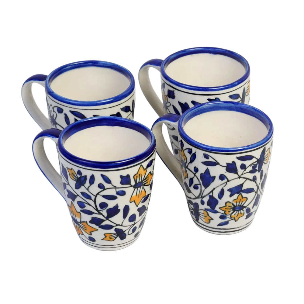 HOUSELA Floural Blue Hand-Painted Serving Tea Cups Set Milk Mugs & Ceramic Coffee Mugs, Set of 4 (270 ML) Microwave & Dishwasher Safe