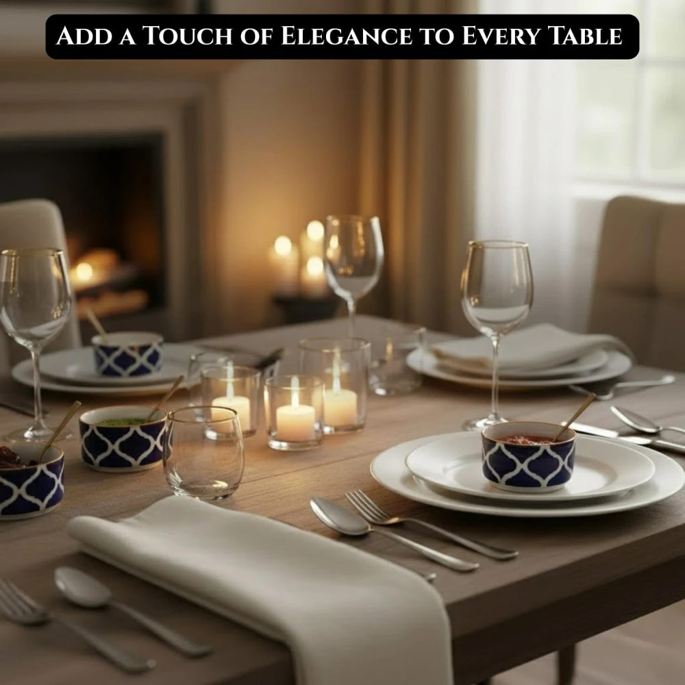 HOUSELA Stoneware Blue Classic Moroccan Pattern Chutney/Serving/Dessert/Dip/Bowl -Set of 6 (Triangle Shape,Microwave & Dishwasher Safe