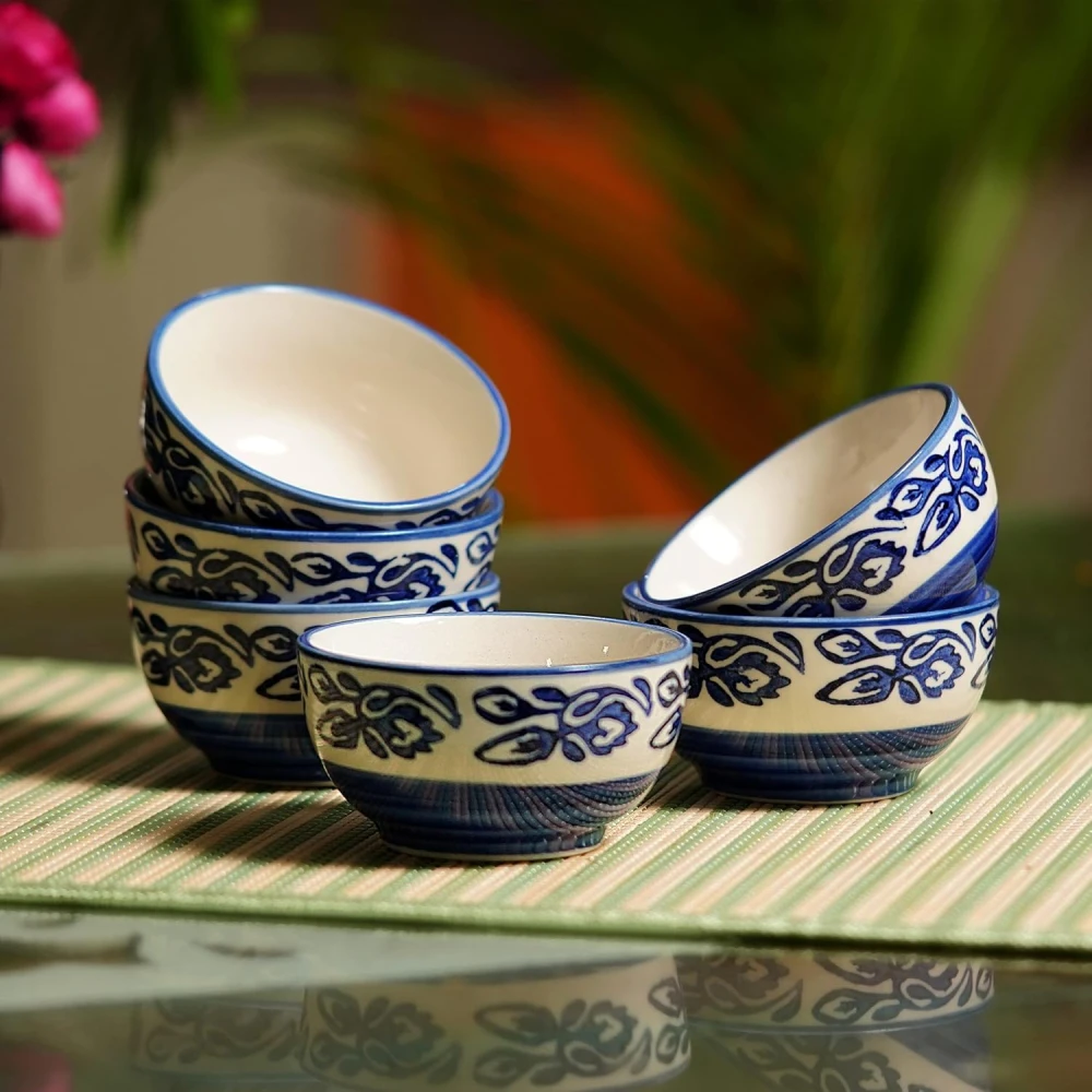 HOUSELA HOUSELAHand-Painted Multicolored Ceramic Floral Bowls Set Ceramic Vegetable Bowl/Dessert Bowl/Soup Bowl (Multicolor, Pack of 6)