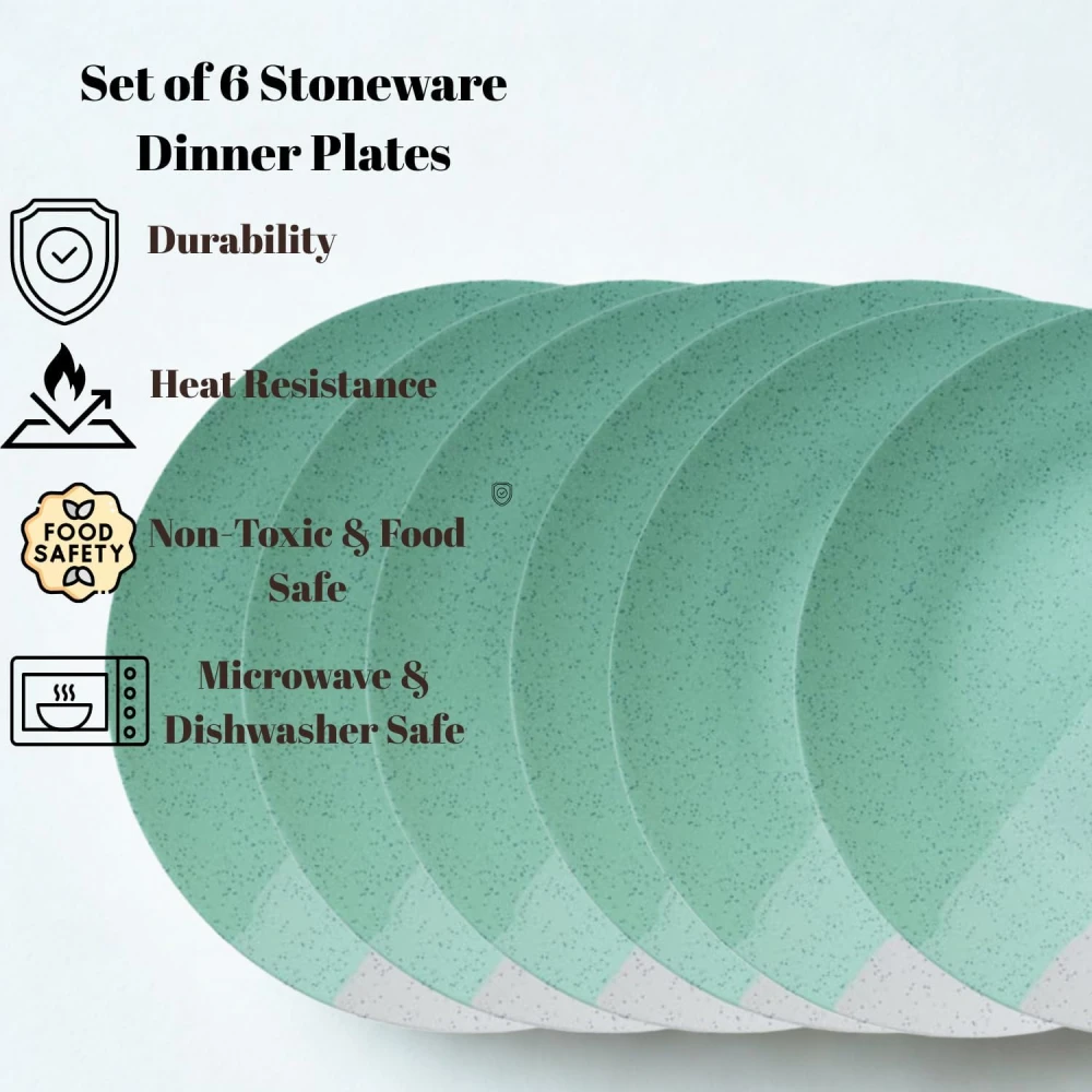 HOUSELA Ceramic Dinner Plate Set of 6 – 10” Stoneware Plates, Mint Green Speckled Finish, Microwave & Dishwasher Safe Tableware