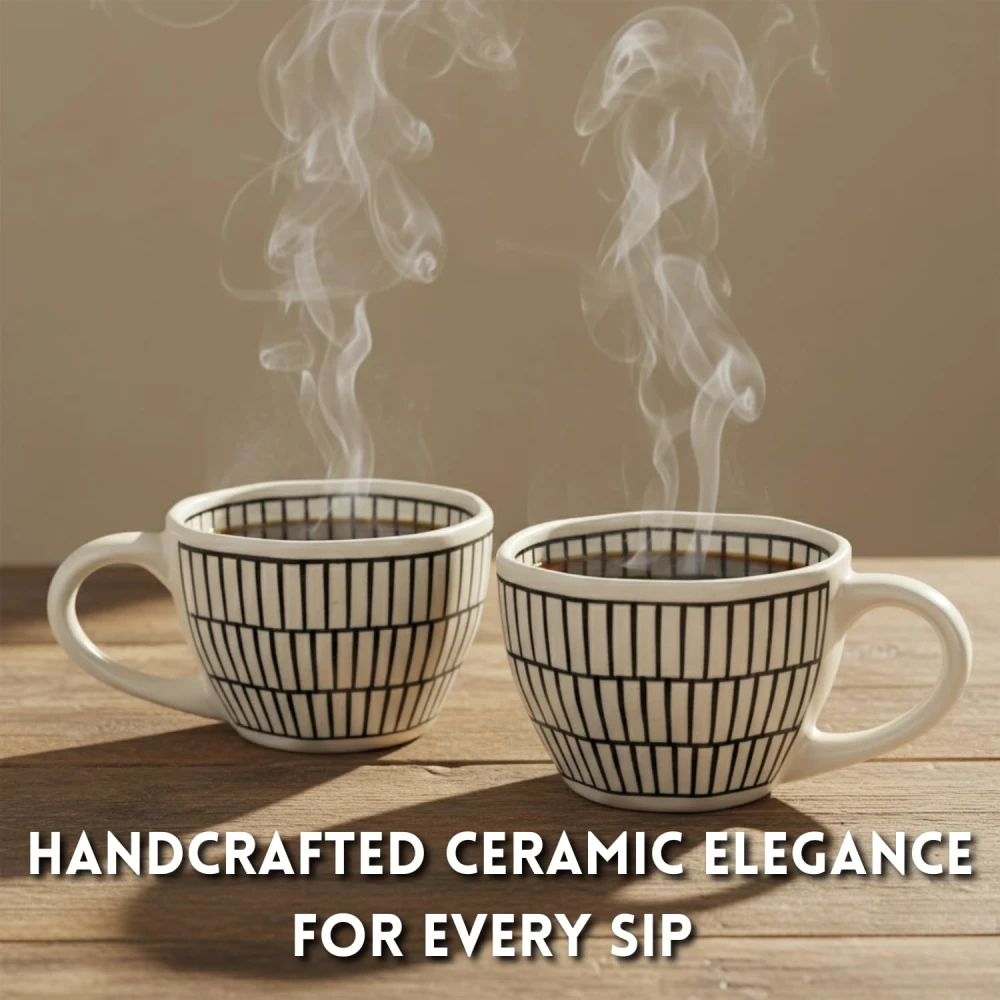 Rudrart Creations Chevron Waves Handcrafted Ceramic Coffee Mug Set of 2 (300 ML Each) | Premium Stoneware Tea Cups | Microwave & Dishwasher Safe | Modern Hand-Painted Black & White Designer Cups