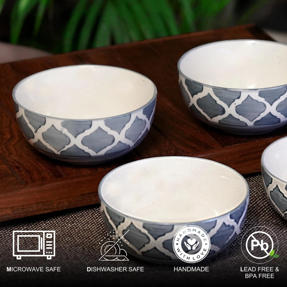 HOUSELA Creations Hand-Painted Umrao-Moroccan Design Bowls Set | Perfect for Serving Snacks, Rice, Dal, Fruits, Salad | BPA & Lead-Free Ceramic Dinner Bowls for Safe | - (Design 3, Set of 6)