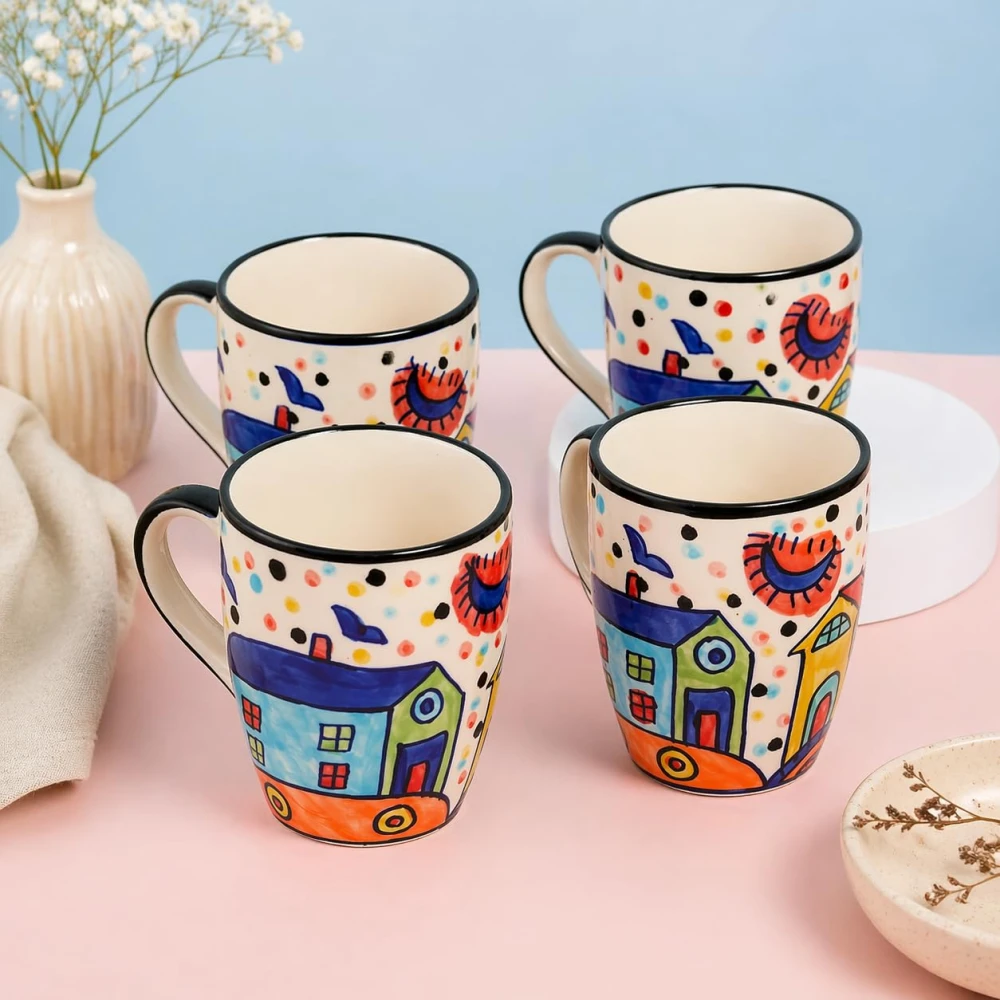 Hut Hand-Painted Serving Tea Cups Set Milk Mugs & Ceramic Coffee Mugs Set of 4 (270 ML, Microwave & Dishwasher Safe)