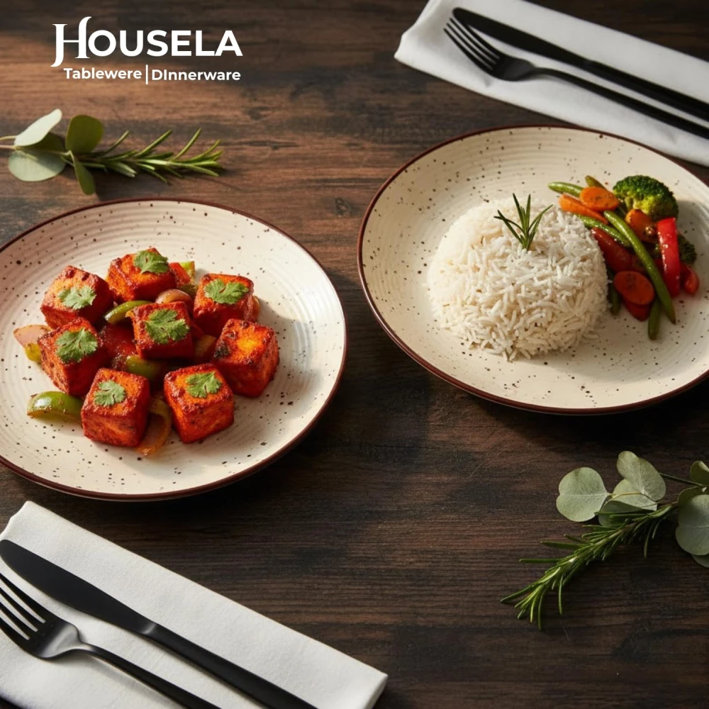 Cream Ribbed Stoneware Dinner Plates 10.3 Inch Set of 2 Pcs Ceramic Plates for Dinner | Microwave & Dishwasher Safe | Off White