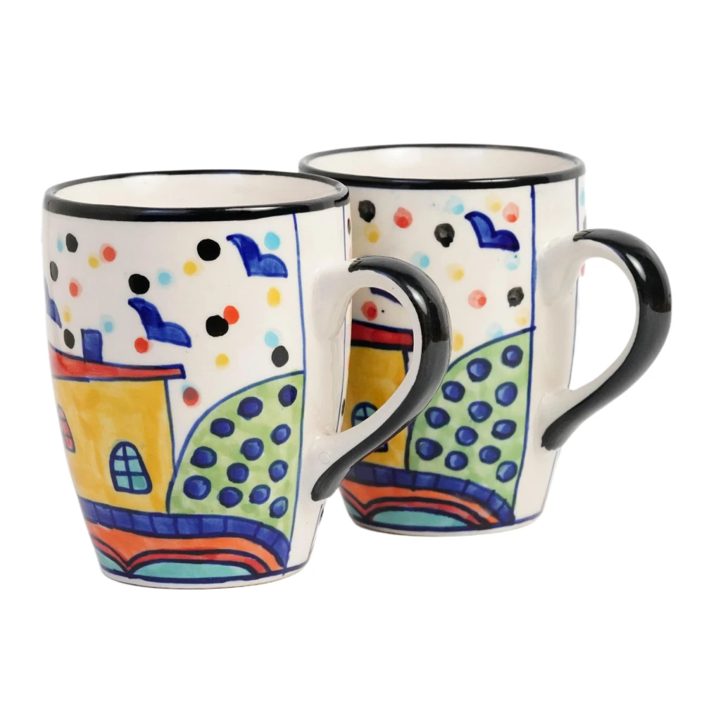 Rudrart Creation Hut Hand-Painted Ceramic Coffee Mug Set of 2 (270 ML) | Artistic Tea & Milk Cups | Multicolor Designer Handcrafted Mugs | Microwave & Dishwasher Safe | Gift for Home & Office Use