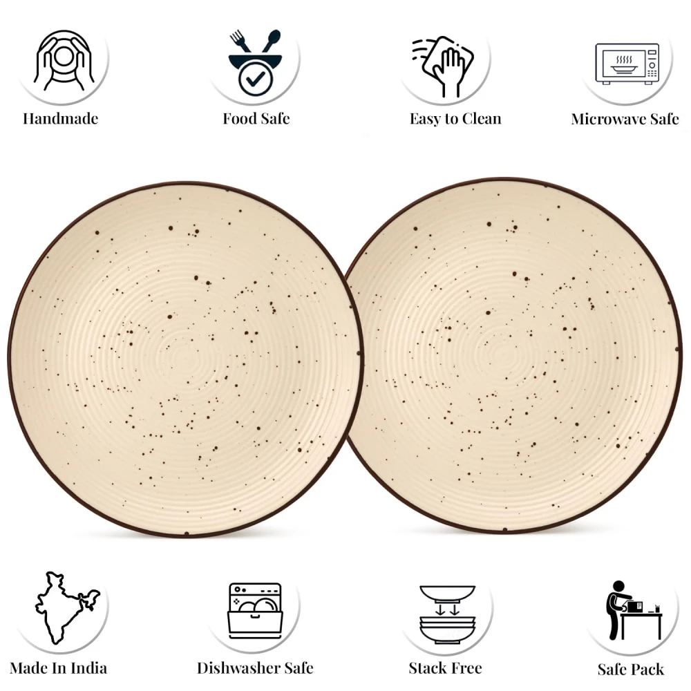 HOUSELA Cream Ribbed Stoneware Dinner Plates 10.6 Inch Set of 4 Pcs Ceramic Plates for Dinner | Microwave & Dishwasher Safe | Off White