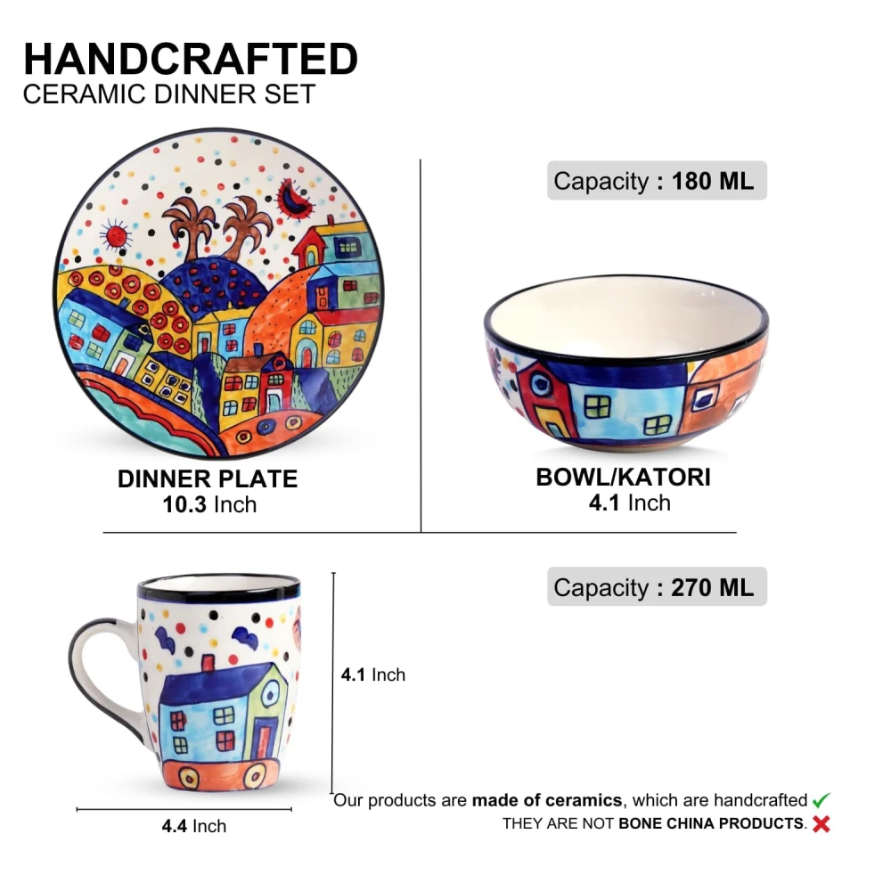 HOUSELA Hut Family Hand-Painted Ceramic Plates Thali 2 Dinner Plates in 10 Inch with 2 Katoris & 2 Coffee Mug (6 Pieces, Dishwasher & Microwave Safe)