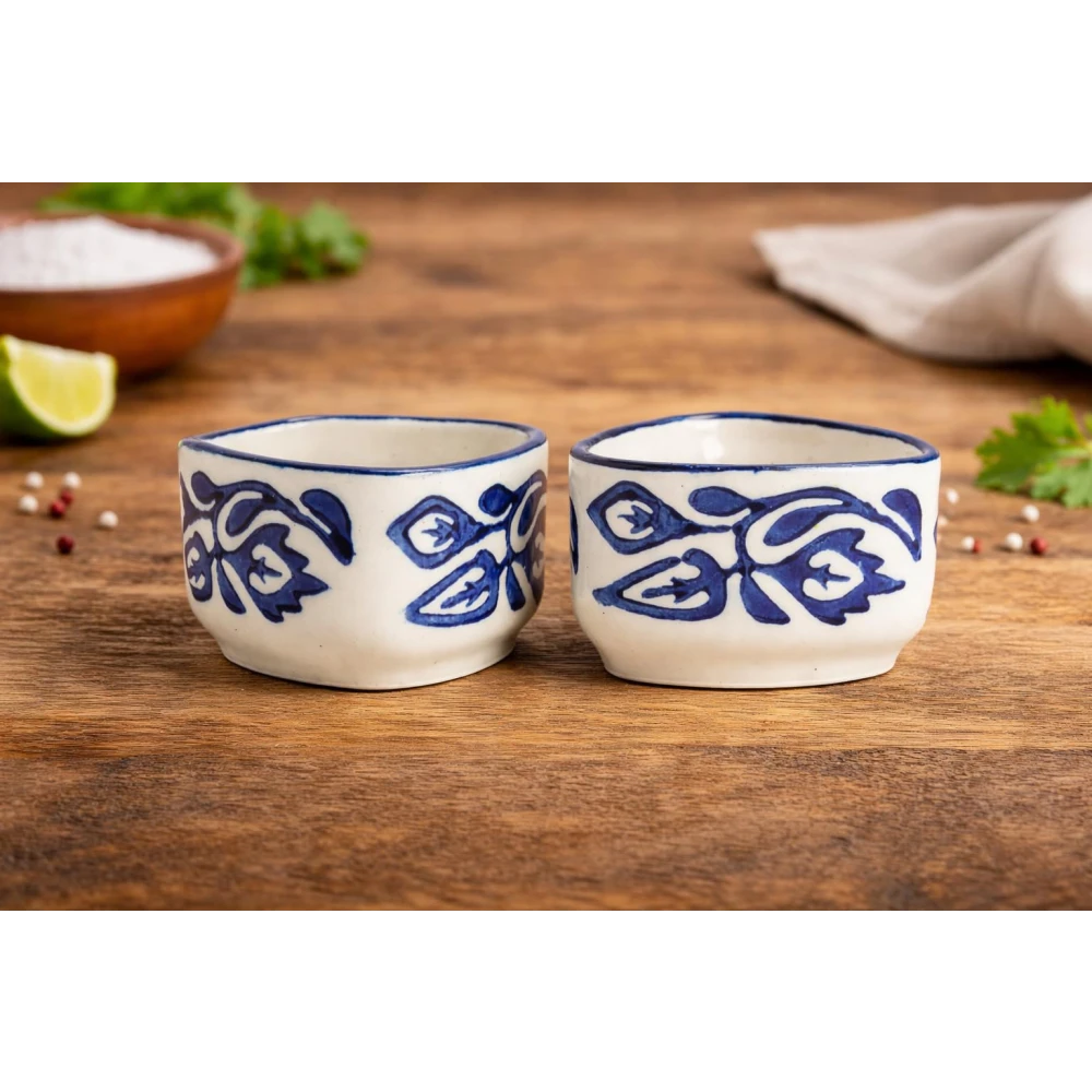 HOUSELA Handpainted Floral Studio Pottery Ceramic Dip Bowl/Chutney Bowl/Pickle Bowl/Sauce Bowl/Small Katori Set | Triangle Shape |(50 ML, Small, Set of 6, Blue and White)