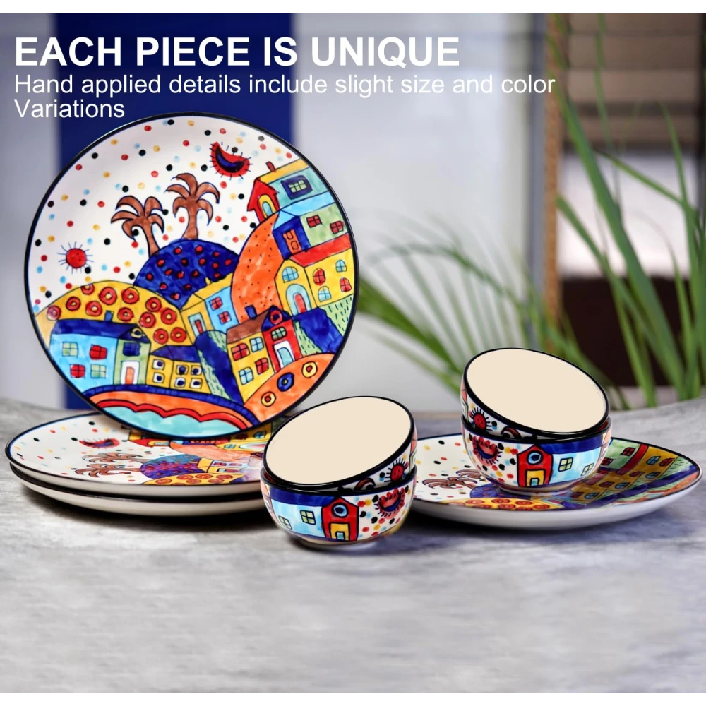 Hut Family Hand-Painted Glossy Dinner Set Ceramic Stoneware Dinner Set of 8 Pieces | 4 Dinner Plate 10.3 Inch & 4 Serving Bowls 180 Ml | Dishwasher & Microwave Safe - Multicolor, Solid