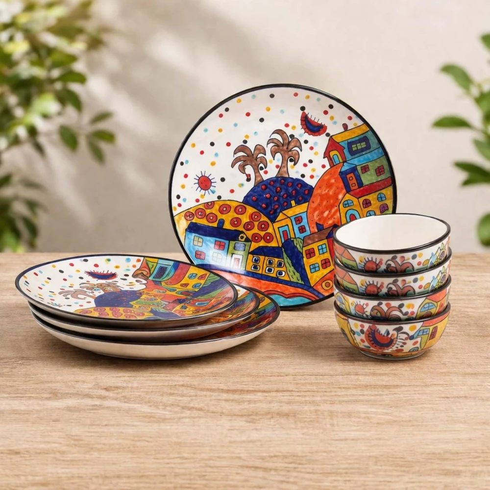 Hut Family Hand-Painted Glossy Dinner Set Ceramic Stoneware Dinner Set of 8 Pieces | 4 Dinner Plate 10.3 Inch & 4 Serving Bowls 180 Ml | Dishwasher & Microwave Safe - Multicolor, Solid