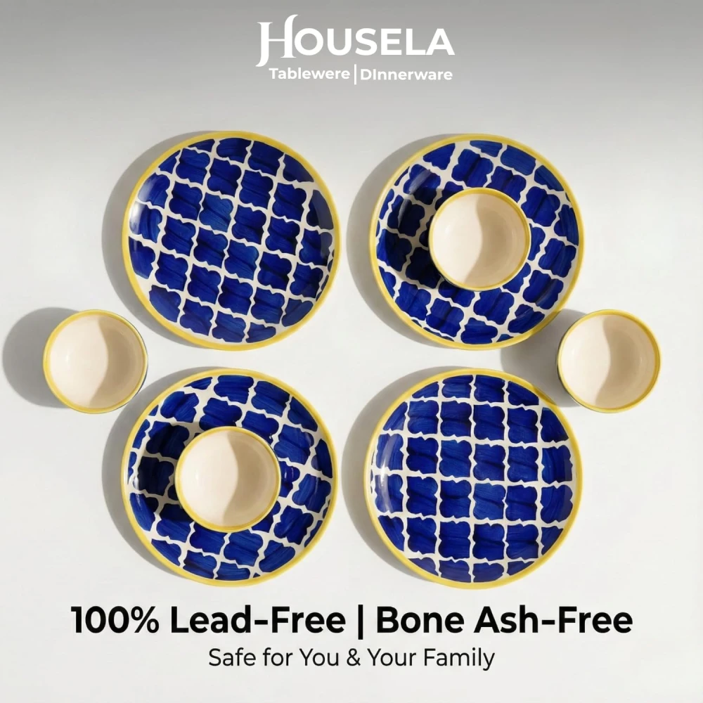 Hand-Painted Ceramic Dinner Set – Blue & Yellow Moroccan Design Plates & Bowls Set | Premium Stoneware Dining Tableware | Microwave & Dishwasher Safe | Stylish Dinnerware for Home & Kitchen