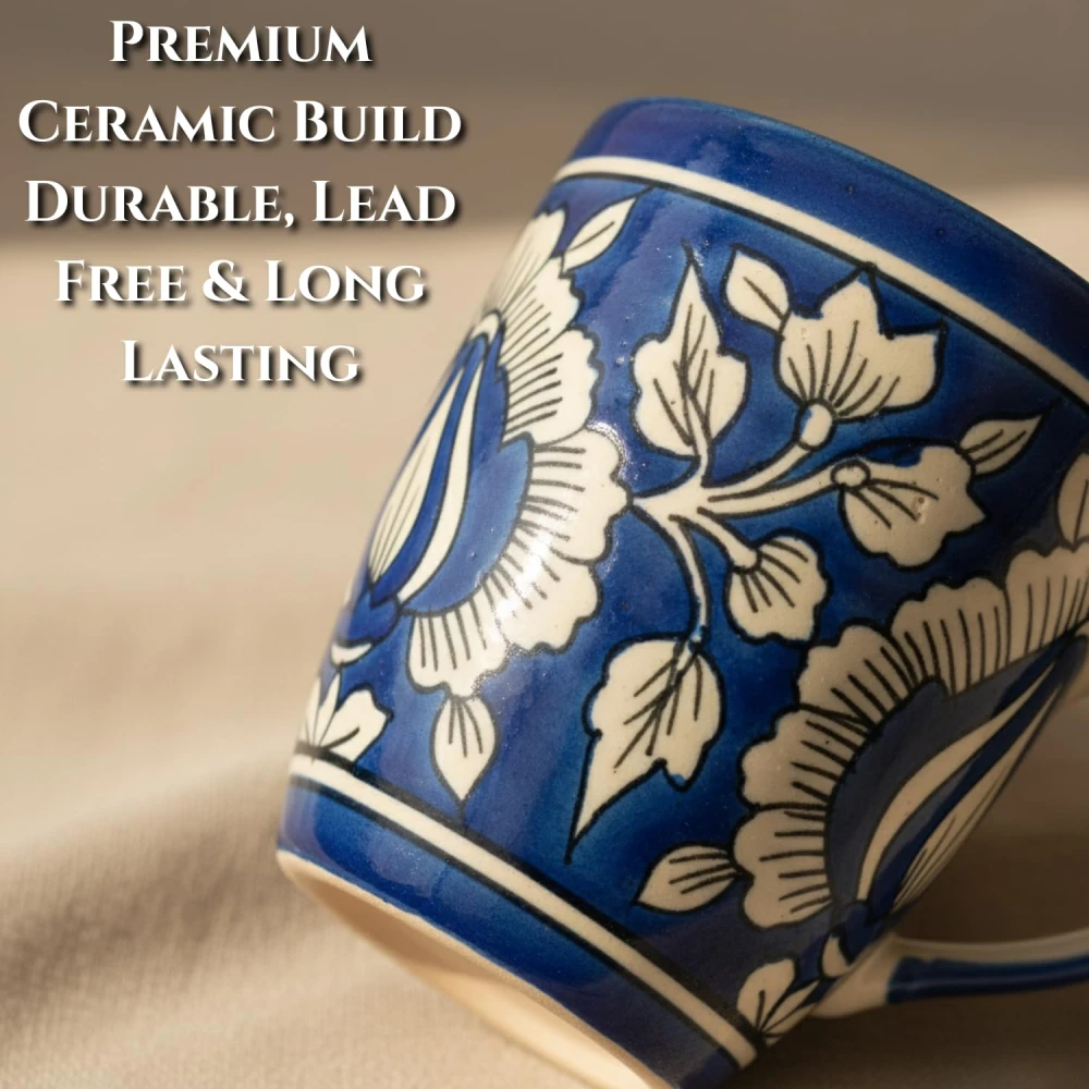 Blue Pottery Ceramic Coffee & Tea Mug Set | Traditional Floral Design | Lead-Free, Microwave & Dishwasher Safe | 300 ml – 150 ML Set of 2 Cups