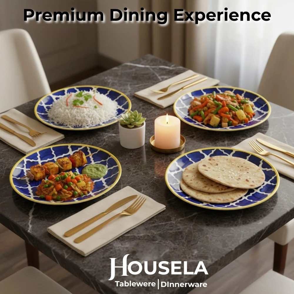 Hand-Painted Stoneware Moroccan Premium Ceramic 10-inch Big Plate Set of 4 Pcs | Bone Ash Free | Microwave and Dishwasher Safe - Blue