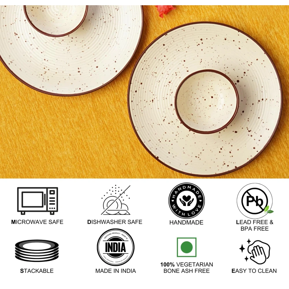 Housela Stoneware Ceramic Solid Dinner Set of 4 Pieces for Dinner with Katoris (4 Pieces, 2 Bowl & 2 Plates, Dishwasher & Microwave Safe)-Dinner Sets Ceramic Bowls Set Dinnerware Set-Off White