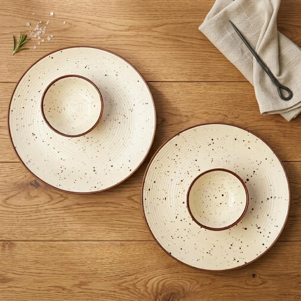 Housela Stoneware Ceramic Solid Dinner Set of 4 Pieces for Dinner with Katoris (4 Pieces, 2 Bowl & 2 Plates, Dishwasher & Microwave Safe)-Dinner Sets Ceramic Bowls Set Dinnerware Set-Off White