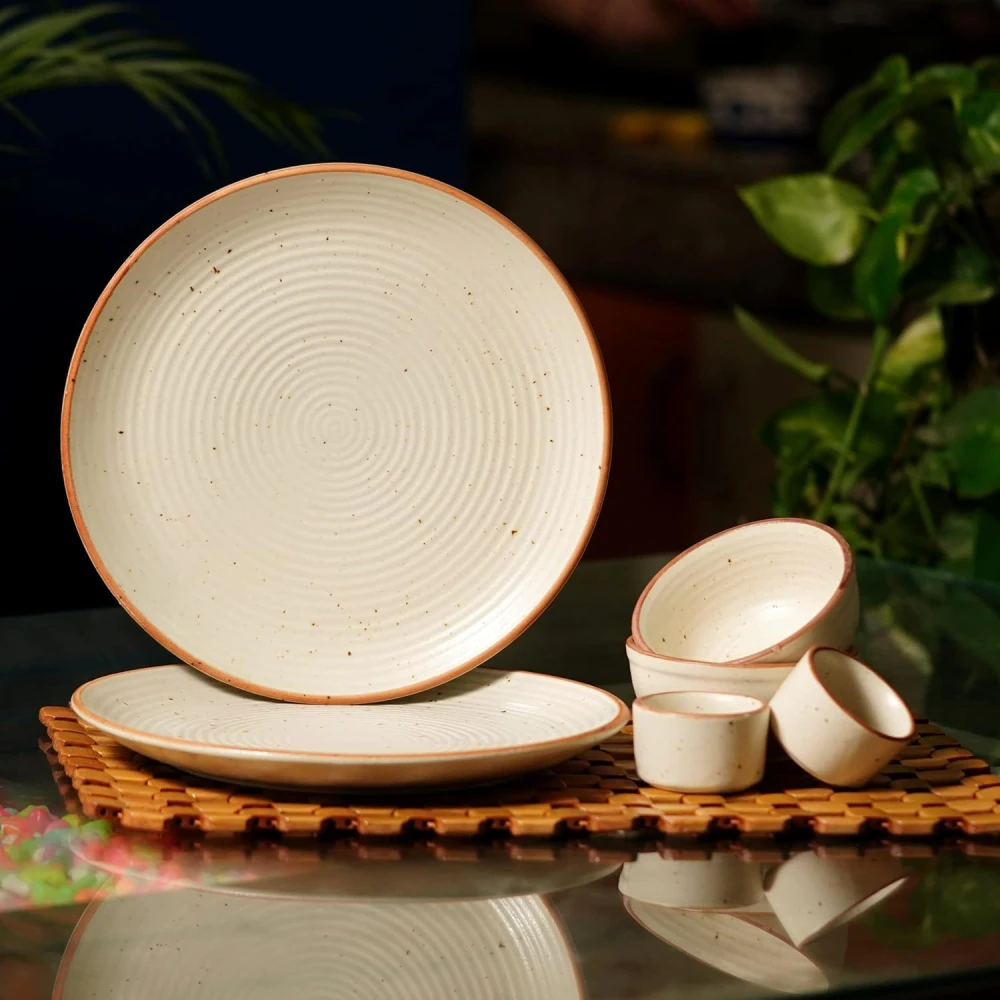 Housela Hand-Painted Ceramic Dinner Set of 12 | 4 Stoneware Dinner Plates 10 Inch, 4 Serving Bowls 180 ml & 4 Dip Bowls 2.4 Inch | Handmade Off-White Tableware | Microwave & Dishwasher Safe