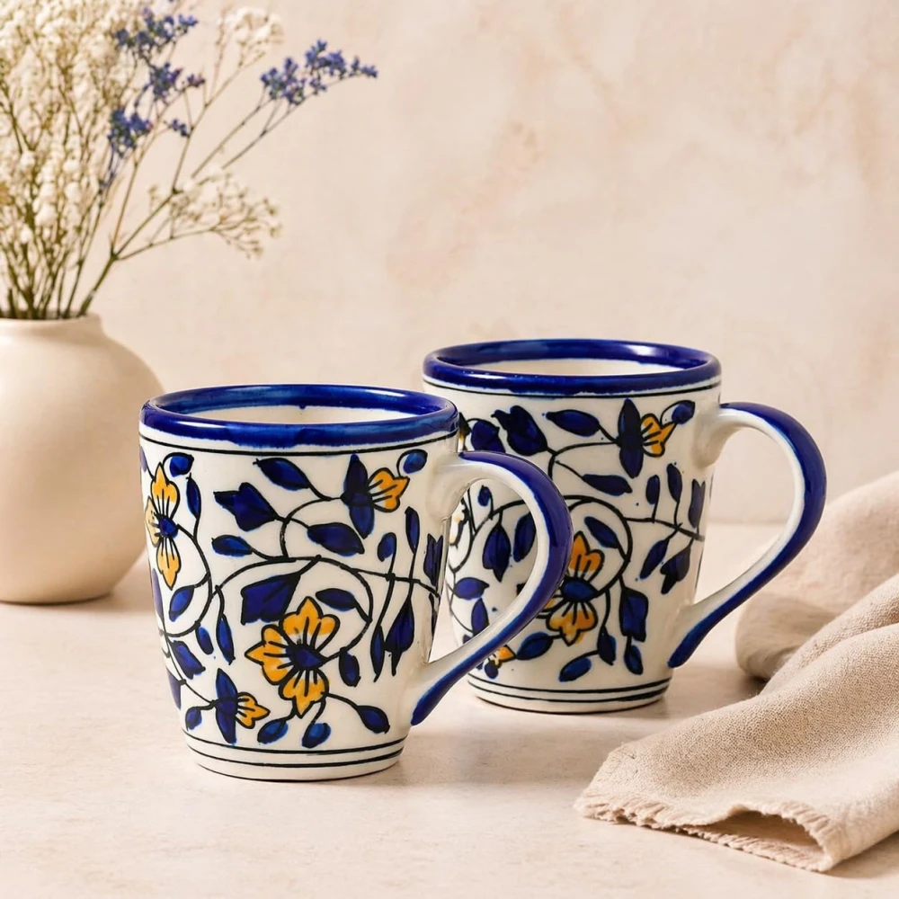 Rudrart Creation Floral Design Hand Painted Ceramic Coffee Mugs, 250ml Each, Set of 2