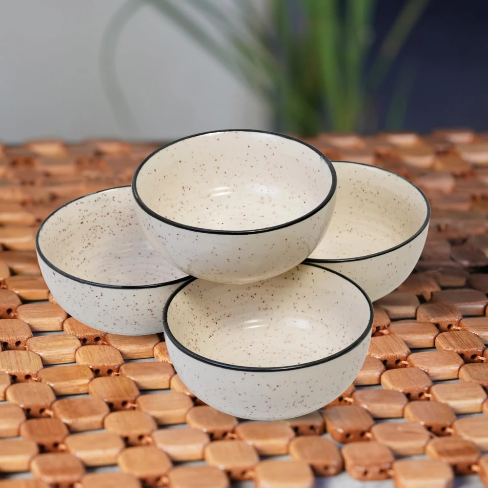 HOUSELA Hand-Painted White Ceramic Black Dotted Speckled Bowl Set of 4 (120ml) | Small Serving Soup Bowls, Cereal Bowl, Pasta Bowls | Dishwasher & Microwave Safe - Off White