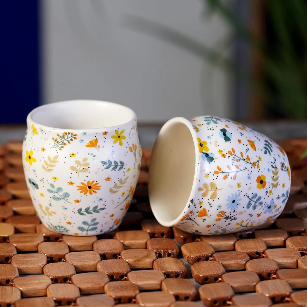 HOUSELA Hand-Painted Ceramic Sun-Floral Art kulhad Set of 2 Cups |kullad Tea Set | kulhad chai Cups | Hand Painted kulhad Coffee Mug, Multicolor((Microwave & Dishwasher Safe)