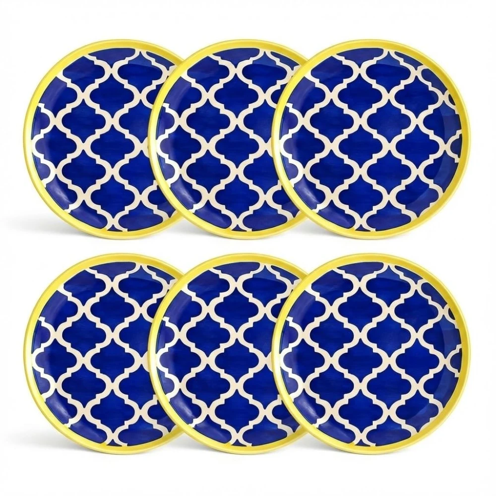 Hand-Painted Stoneware Moroccan Premium Ceramic 10-inch Big Plate Set of 6 Pcs | Bone Ash Free | Microwave and Dishwasher Safe - Blue