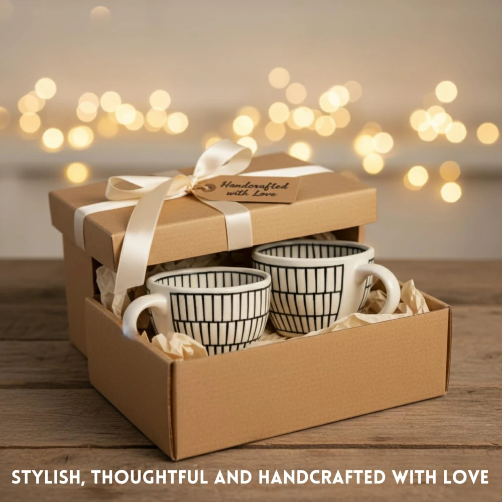Rudrart Creations Chevron Waves Handcrafted Ceramic Coffee Mug Set of 2 (300 ML Each) | Premium Stoneware Tea Cups | Microwave & Dishwasher Safe | Modern Hand-Painted Black & White Designer Cups