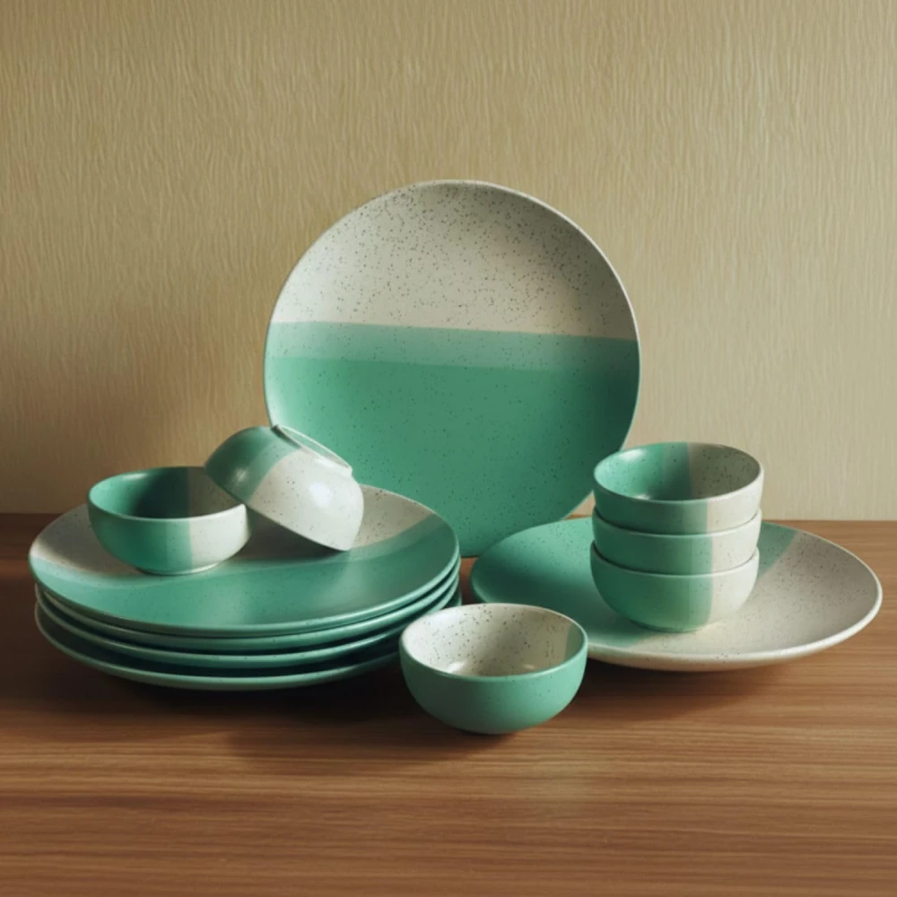 Ceramic Serving Set | 6 Dinner Plate & 6 Bowl | Dual Tone Green & Beige Speckled Design for Snacks, Meals & Appetizers