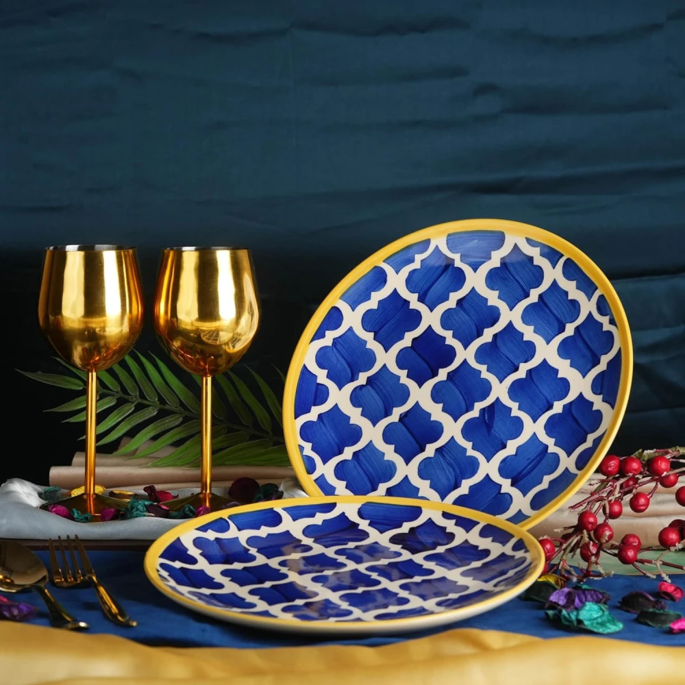 HOUSELA Ceramic Handmade Blue Umrao Quarter Moroccan Handpainted Plates for 7 (Set of 2)