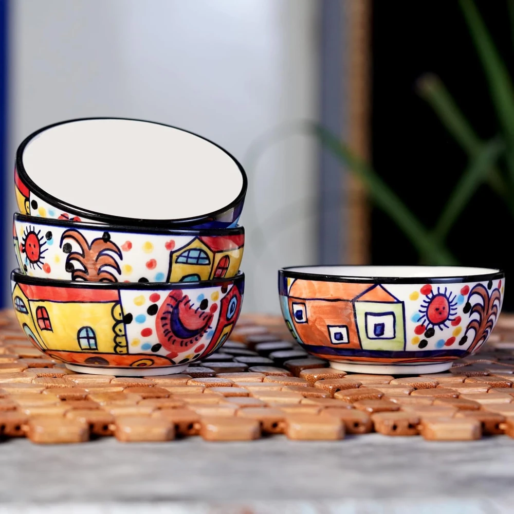 HOUSELA Hut-Handcrafted Multicolored Ceramic Floral Bowls Set Ceramic Vegetable Bowl/Dessert Bowl/Soup Bowl (Multicolor, Pack of 4)(180 ML)