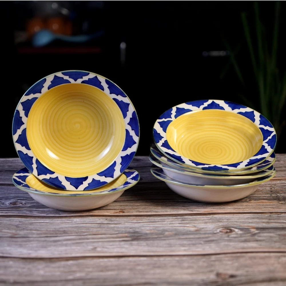 Rudrart Creations Ceramic Umrao Hand-Painted Deep Pasta Plate| Soup Plate | Snack Plate |Microwave Safe, Oven Safe |Set of 6 Plates 7 inches |Microwave Safe & Oven Safe|